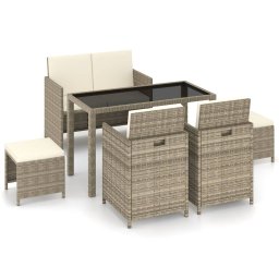 vidaXL 6 részes bézs polyrattan kültéri étkezőszett párnákkal