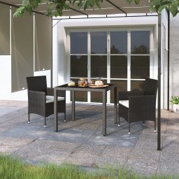 vidaXL 3 részes fekete polyrattan és edzett üveg kerti étkezőgarnitúra