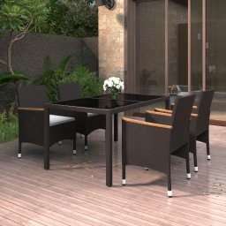 vidaXL 5 részes fekete polyrattan és edzett üveg kerti étkezőszett