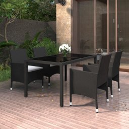 vidaXL 5 részes fekete polyrattan és edzett üveg kerti étkezőszett