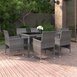 vidaXL 7 részes szürke polyrattan és edzett üveg kerti étkezőgarnitúra