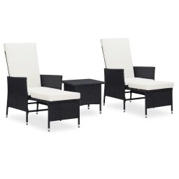 vidaXL 3 részes fekete polyrattan kerti bútorszett párnákkal