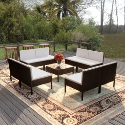 vidaXL 9 részes fekete polyrattan kerti bútorszett párnákkal