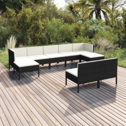 vidaXL 9 részes fekete polyrattan kerti bútorszett párnákkal