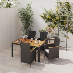 vidaXL 5 részes fekete polyrattan kültéri étkezőszett párnákkal
