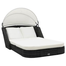 vidaXL fekete polyrattan napozóágy baldachinos