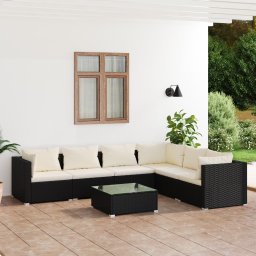 vidaXL 7 részes fekete polyrattan kerti ülőgarnitúra párnákkal