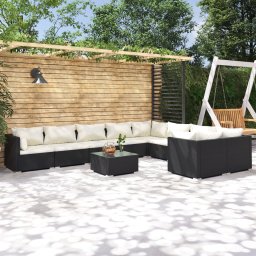 vidaXL 10 részes fekete polyrattan kerti ülőgarnitúra párnákkal