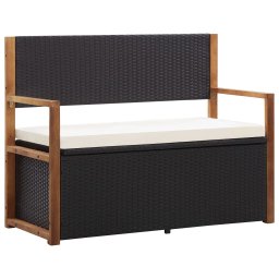 vidaXL fekete polyrattan és tömör akácfa tárolópad 115 cm