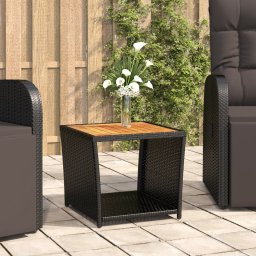 vidaXL fekete polyrattan és tömör akácfa teázóasztal fa asztallappal