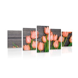 5 részes kép elbűvölő narancssárga tulipánok fa felületen