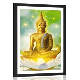 Poszter paszportuval arany Buddha lótusz virágon