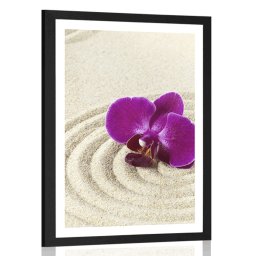 Poszter paszportuval homokos Zen kert lila orchideával