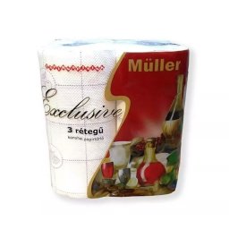 Papírtörlő konyhai 3 rétegű átmérő: 11,5 cm 50 lap/11,5 méter/tekercs 2 tekercs/csomag Exclusive Müller fehér