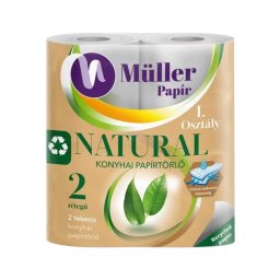 Papírtörlő konyhai 2 rétegű átmérő: 10,5 cm 50 lap/11,5 méter/tekercs 2 tekercs/csomag Natural Müller fehér