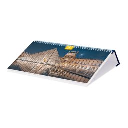 Asztali naptár fehér lapokkal 320 × 150 mm Európa fekvő műbör hátlappal kék Dayliner 2024.