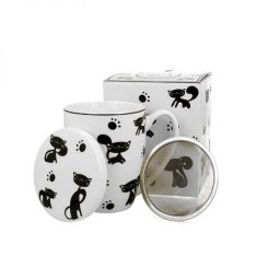 Fekete cicás porcelán bögre fémszűrővel és tetővel - 350 ml