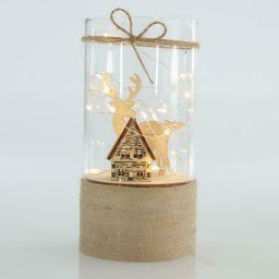 Eurolamp Üveg dekoráció házikóval és rénszarvassal, 9 x 18 cm