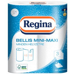 Papírtörlő konyhai 3 rétegű átmérő: 11,5 cm 100 lap/11,5 méter/tekercs 2 tekercs/csomag Bellis Mini-Maxi Regina_fehér
