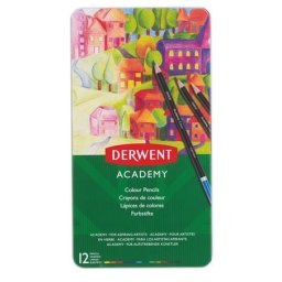 DERWENT Színes ceruza készlet, fém doboz, DERWENT "Academy", 12 különböző szín
