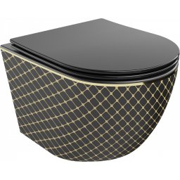 Mexen Lena Perem nélküli fali wc lassú záródásu tetõvel slim, duroplast, fekete/arany model- 30224079 Wc