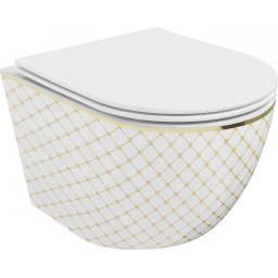 Mexen Lena Perem nélküli fali wc lassú záródásu tetõvel slim, duroplast, fehér/arany model - 30224009 Wc