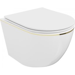 Mexen Lena Perem nélküli fali wc lassú záródásu tetõvel slim, duroplast, fehér/arany - 30224005 Wc
