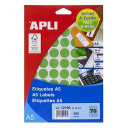 APLI Etikett, 19 mm kör, színes, A5 hordozón, APLI, zöld, 560 etikett/csomag