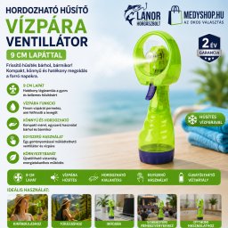 Hordozható hűsítő vízpára ventillátor 9 cm lapáttal - zöld