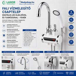 Fali vízmelegítő csaptelep digitális LED kijelzővel és tusrózsával - fehér