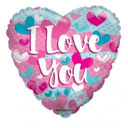 Fólia lufi, 18"/45 cm, szív, kék-pink, I love you