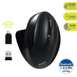 PORT függőleges vezeték nélküli ergonomikus egér, BT, 2, 4 GHz, USB-A/C, jobbkezes, fekete
