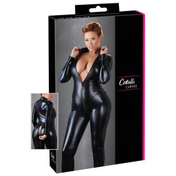 Cottelli Plus Size - fényes hosszúujjú party overál, macskanő jelmez (fekete)