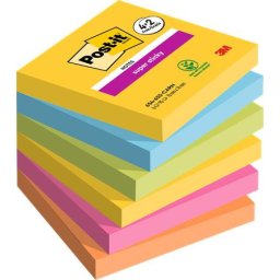 3M POSTIT Öntapadó jegyzettömb, 76x76 mm, 6x90 lap, 3M POSTIT "Super Sticky", "Carnival", vegyes színek