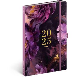 Keménytáblás heti zsebnaptár krémszínű lapokkal, leszorító gumiszalaggal Purple 130x210mm, Realsystem 2025.