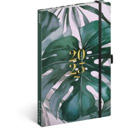 Keménytáblás heti zsebnaptár krémszínű lapokkal, leszorító gumiszalaggal Monstera 130x210mm, Realsystem 2025.