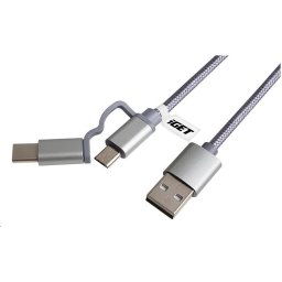 iGET G2V1 USB kábel 2 az 1-ben, 1 m, ezüst, microUSB és USB-C, kiterjesztett csatlakozók