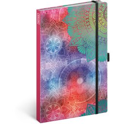 Keménytáblás notesz vonalas krémszínű lapokkal leszorító gumiszalaggal Mandala 130x210mm, Presco