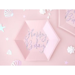 Papír tányér, hatszögletű, púder pink, Happy Birthday felirattal