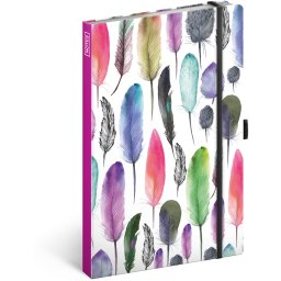 Keménytáblás notesz vonalas krémszínű lapokkal leszorító gumiszalaggal Feathers 130x210mm, Presco