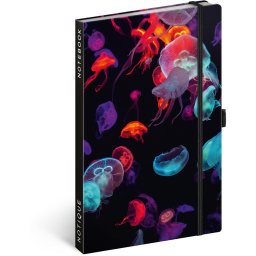 Keménytáblás notesz vonalas krémszínű lapokkal leszorító gumiszalaggal Jellyfish 130x210mm, Presco