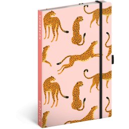 Keménytáblás notesz vonalas krémszínű lapokkal leszorító gumiszalaggal Leopards 130x210mm, Presco