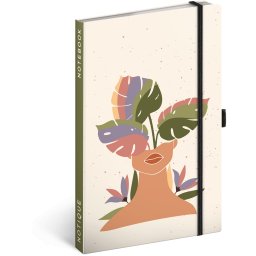 Keménytáblás notesz vonalas krémszínű lapokkal leszorító gumiszalaggal Monstera 130x210mm, Presco