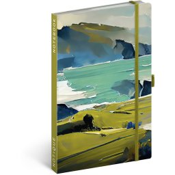 Keménytáblás notesz vonalas krémszínű lapokkal leszorító gumiszalaggal Painting 130x210mm, Presco