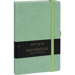 Keménytáblás notesz pontozott vonalozással krémszínű lapokkal leszorító gumiszalaggal Green 130x210mm, Presco