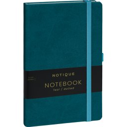 Keménytáblás notesz pontozott vonalozással krémszínű lapokkal leszorító gumiszalaggal Teal 130x210mm, Presco