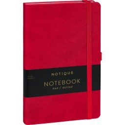 Keménytáblás notesz pontozott vonalozással krémszínű lapokkal leszorító gumiszalaggal Red 130x210mm, Presco