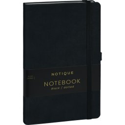 Keménytáblás notesz pontozott vonalozással krémszínű lapokkal leszorító gumiszalaggal Black 130x210mm, Presco