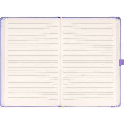 Keménytáblás notesz vonalas krémszínű lapokkal leszorító gumiszalaggal Lila 130x210mm, Presco
