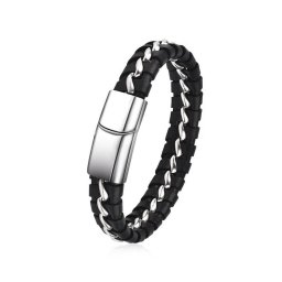 CHAIN – Fekete Bőr Karkötő - Acél Lánc